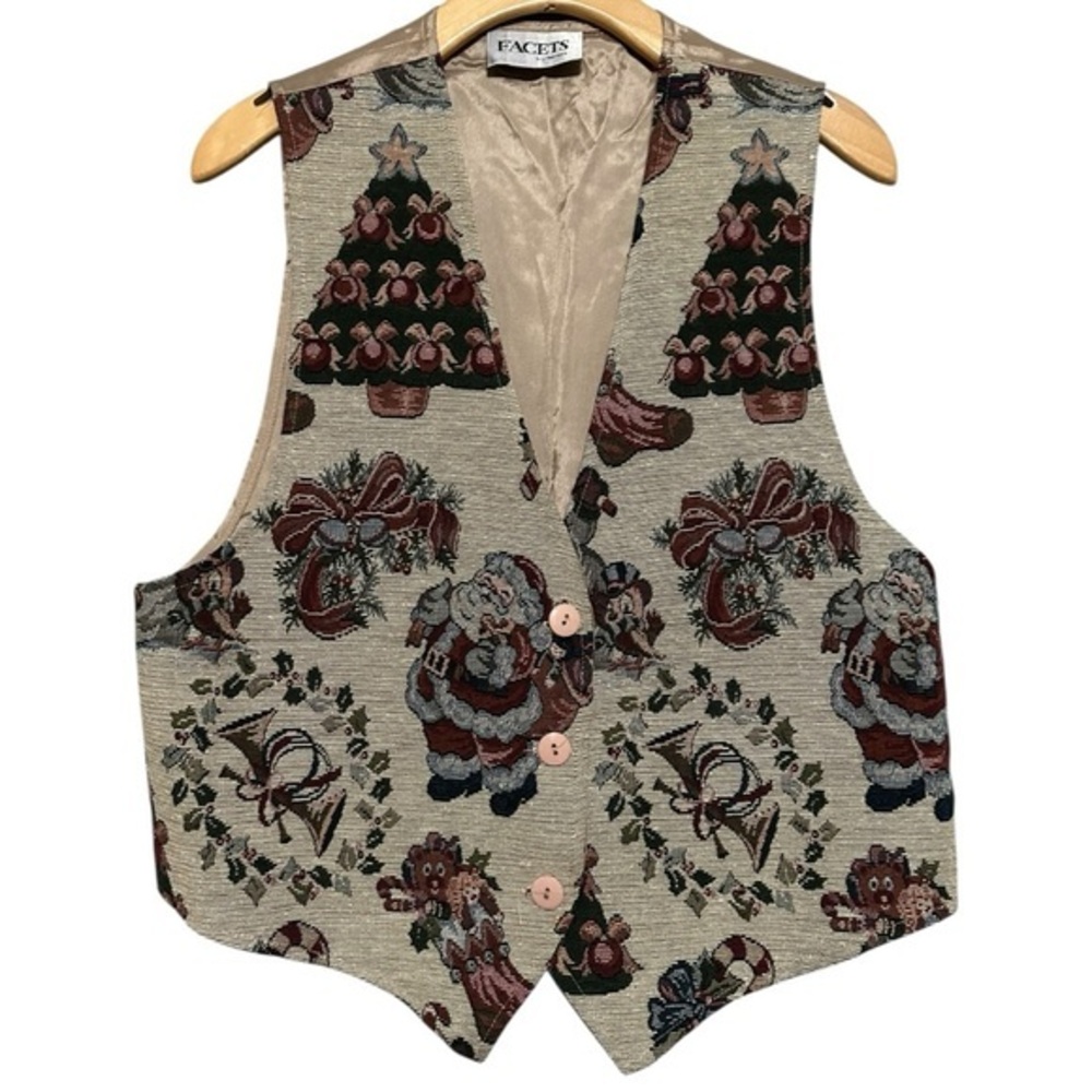 Facets by Mirrors Vintage Women Size M Christmas Tree Santa Claus Tapestry Vest